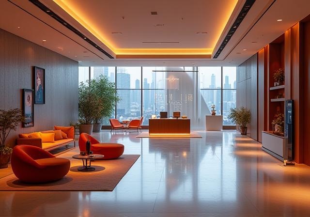 Modern hotel lobby with seamless digital integration, representing hospitality technology