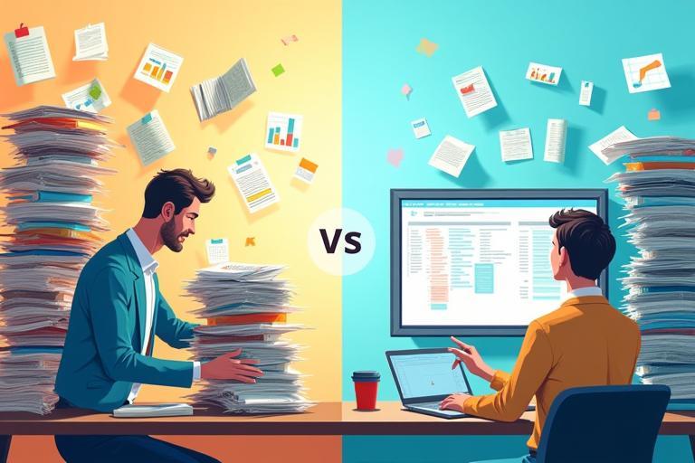 Comparison graphic showing manual work process with spreadsheets versus automated workflow with software